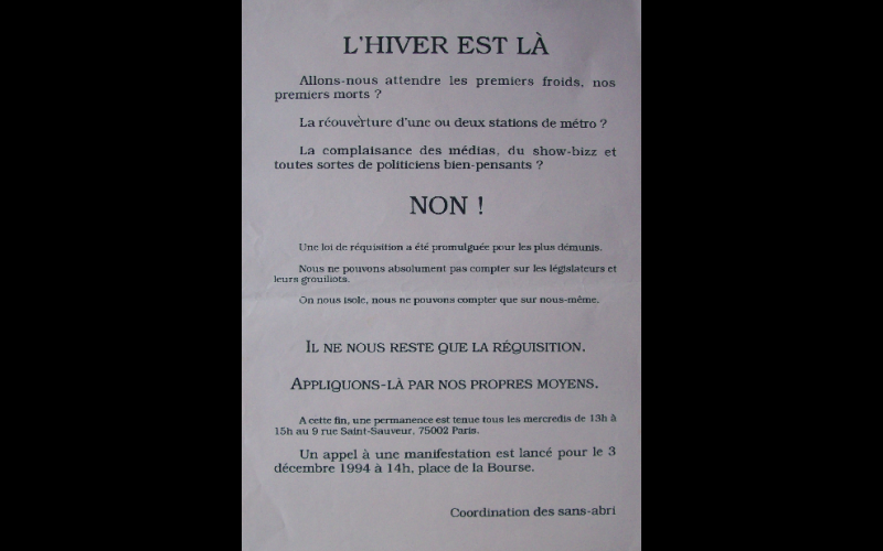 affiche réquisition, Coordination des sans-abris, Paris, 1994