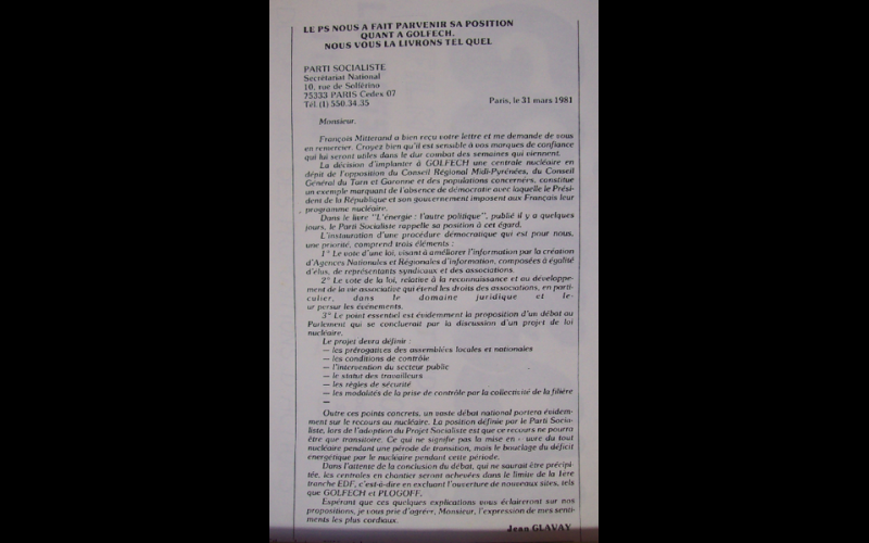 1981(mars) - Lettre PS, CAN Golfech.