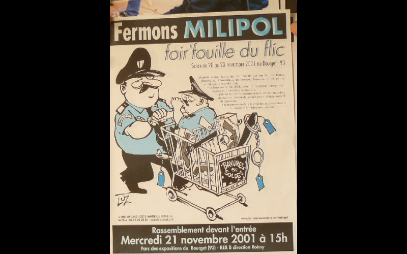 affiche contre salon Milipol, Paris, 2001