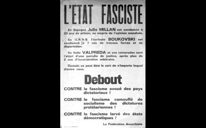 affiche solidarité Millan-Boukovski-Valpreda, Fédération Anarchiste 